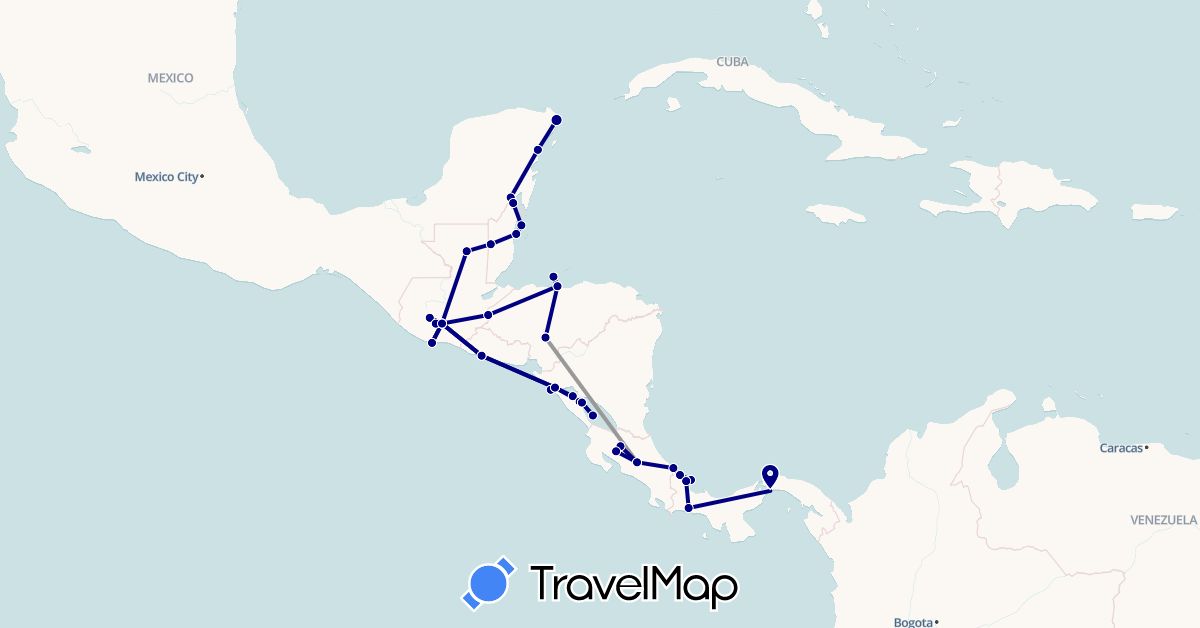 TravelMap itinerary: driving, plane in Belize, Costa Rica, Guatemala, Honduras, Mexico, Nicaragua, Panama, El Salvador (North America)